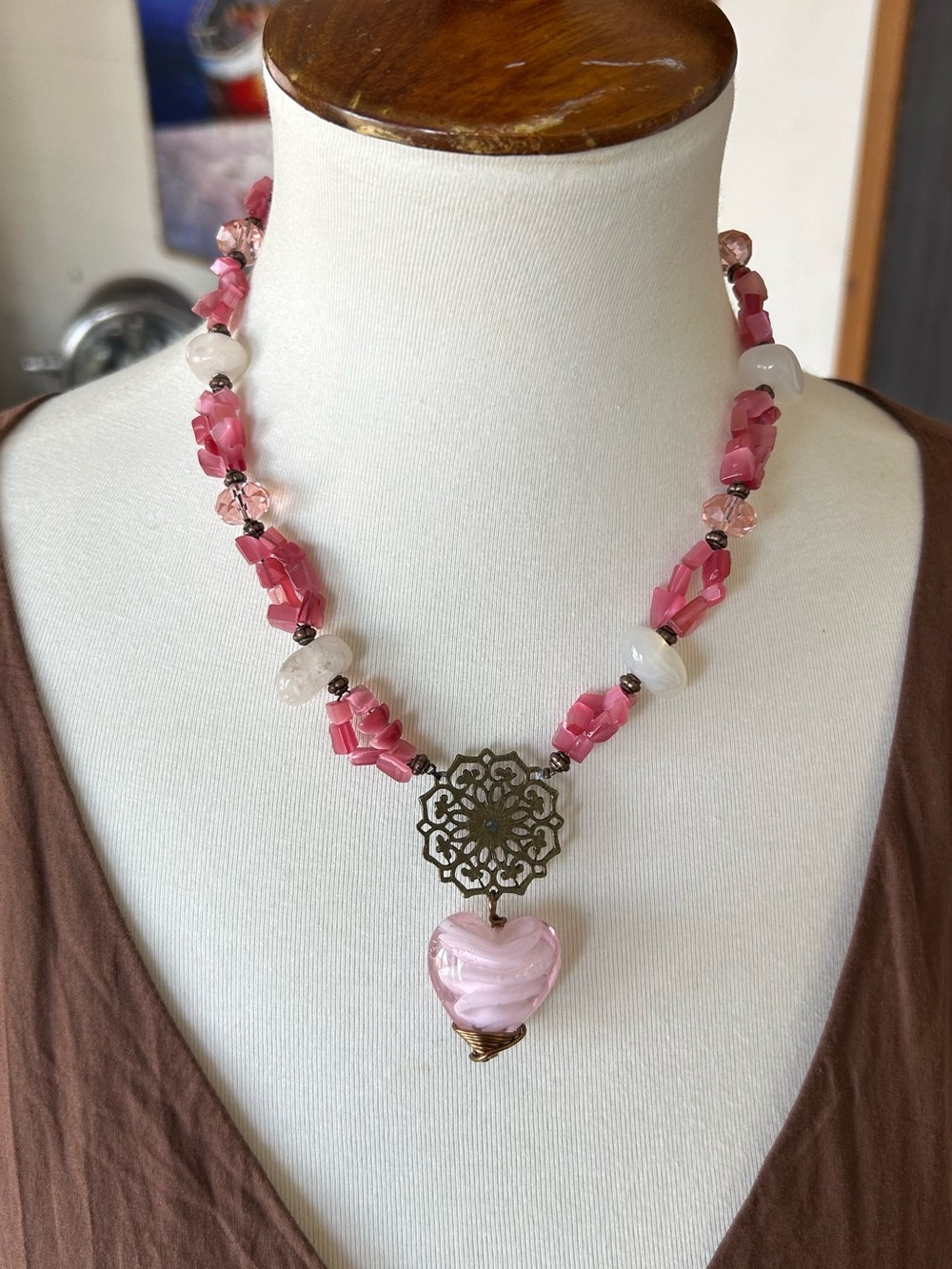 NWT Marea Designs Pink Lampwork Glass Heart Beaded Boho Necklace